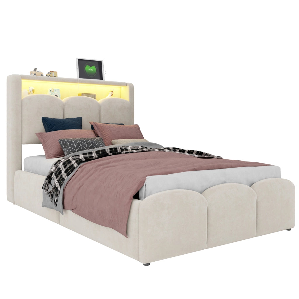 Letto singolo imbottito 90 × 200 cm con vano idraulico, LED, USB e Type-C, senza materasso, beige