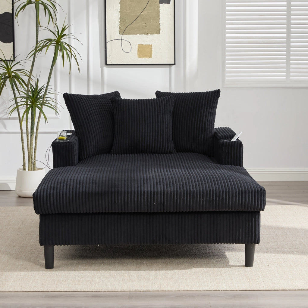 Chaise longue in velluto a coste nero con LED e USB