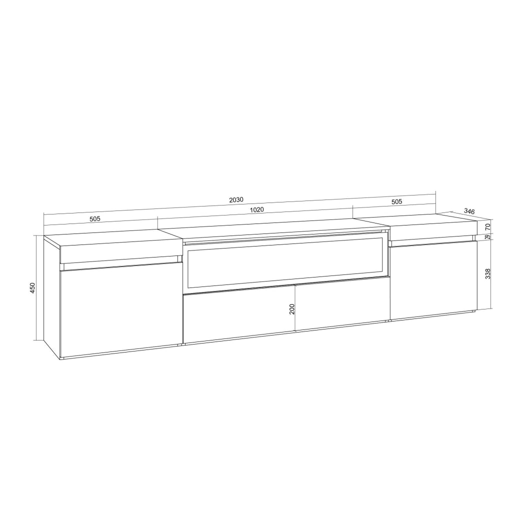 Mobile TV Soggiorno, 200x45x35cm, Per TV fino a 80", Camino elettrico, Sospeso, da appendere, Bianco e Rovere soft