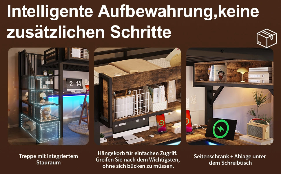Letto a Soppalco con Scrivania e LED ¨C MINIMAL ¨C 90x200, Legno, Nero, Presa USB
