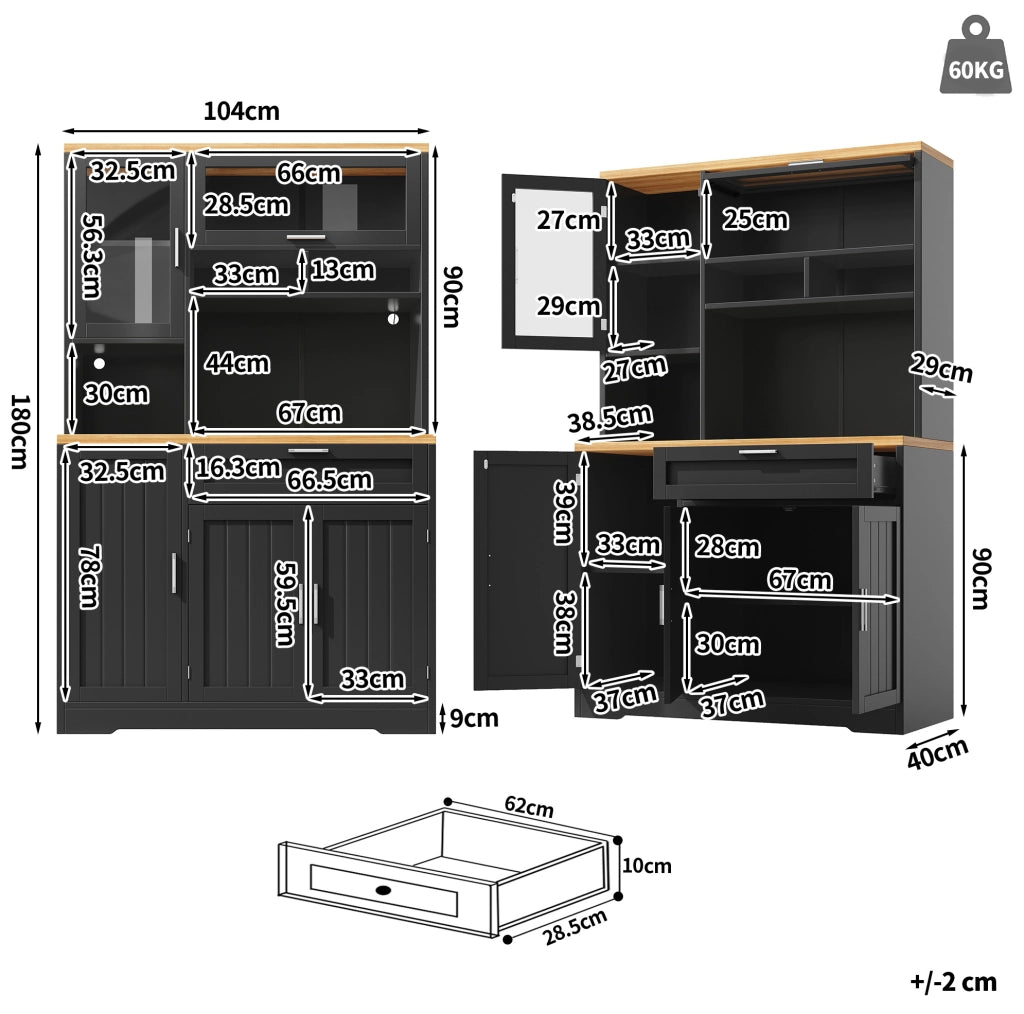 Armadio alto con LED USB e vetrine, 104x40x180 cm, nero