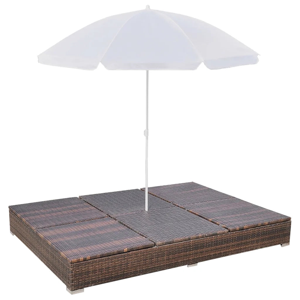 Lettino Prendisole | Sdraio da giardino | Lettino da sole con Ombrellone in Polyrattan Marrone