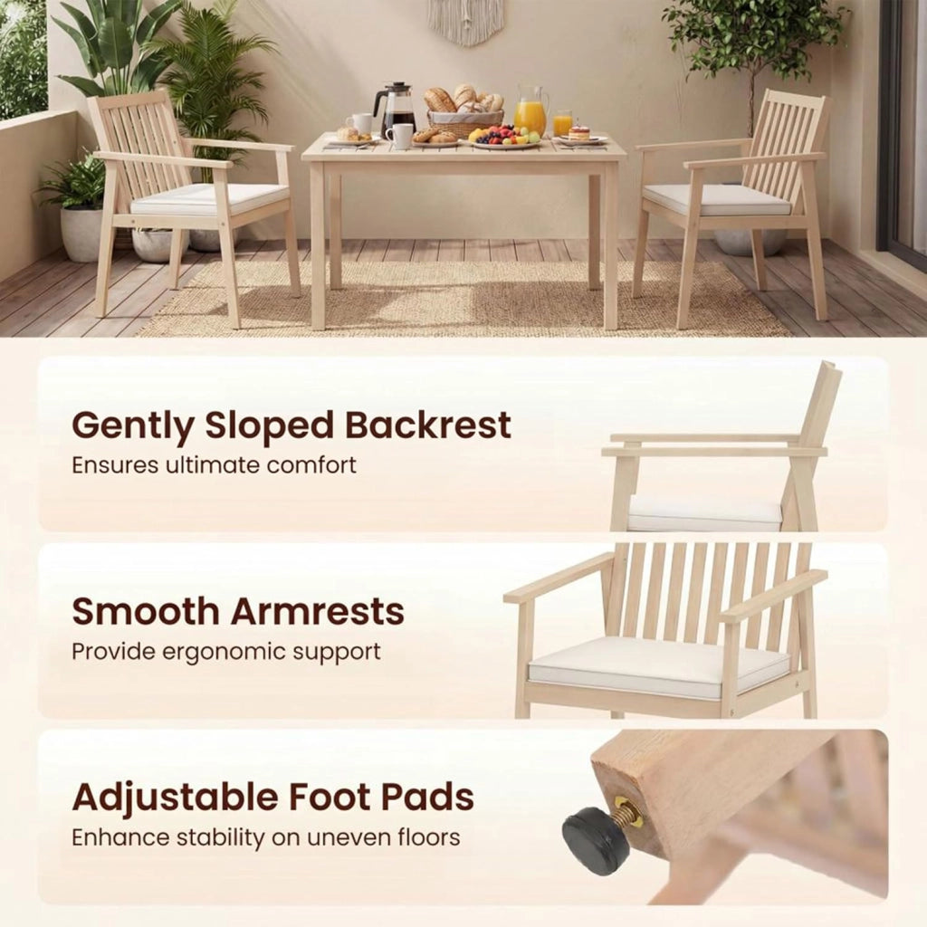 Set di 2 Sedie da Giardino Ergonomiche con Cuscino Rimovibile, Sedie da Pranzo con Braccioli, Poltrona in Legno di Acacia da Terrazza, Balcone, Cortile, Portata 180kg (Naturale)