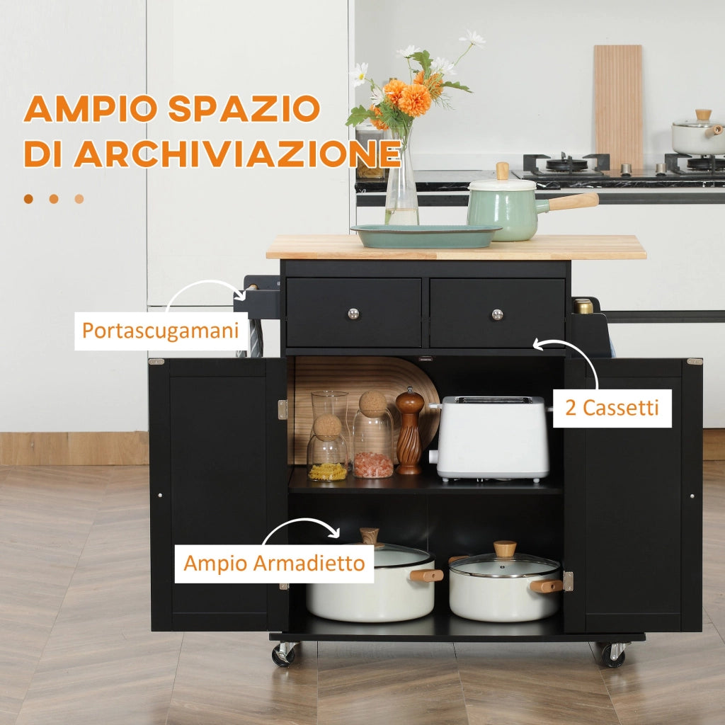 Carrello da Cucina con Armadietto 2 Cassetti e Portaspezie 89x45x89,5 cm in Legno Nero
