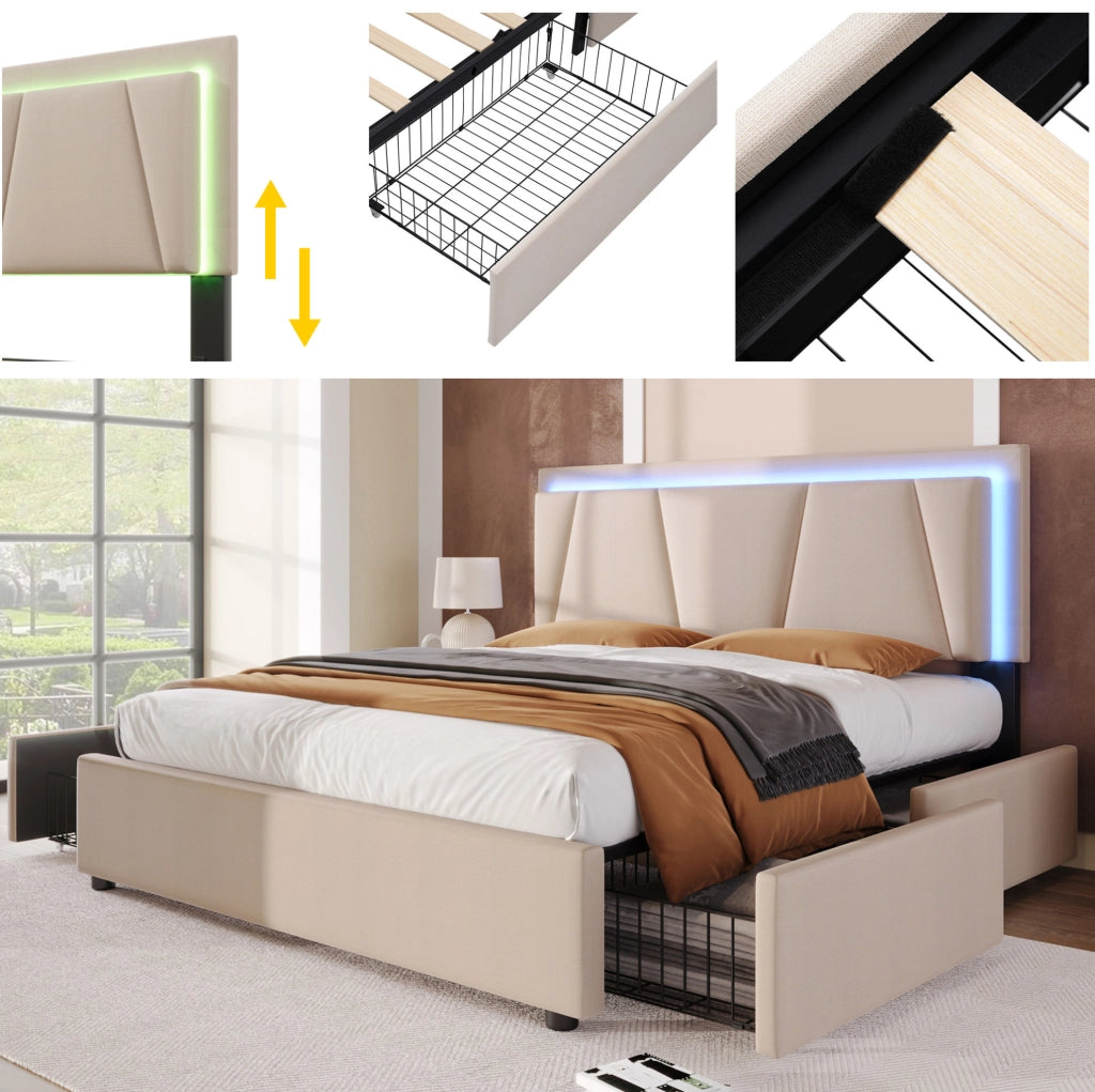 Letto matrimoniale 140x200 cm imbottito con LED; testiera regolabile e 4 cassetti; beige