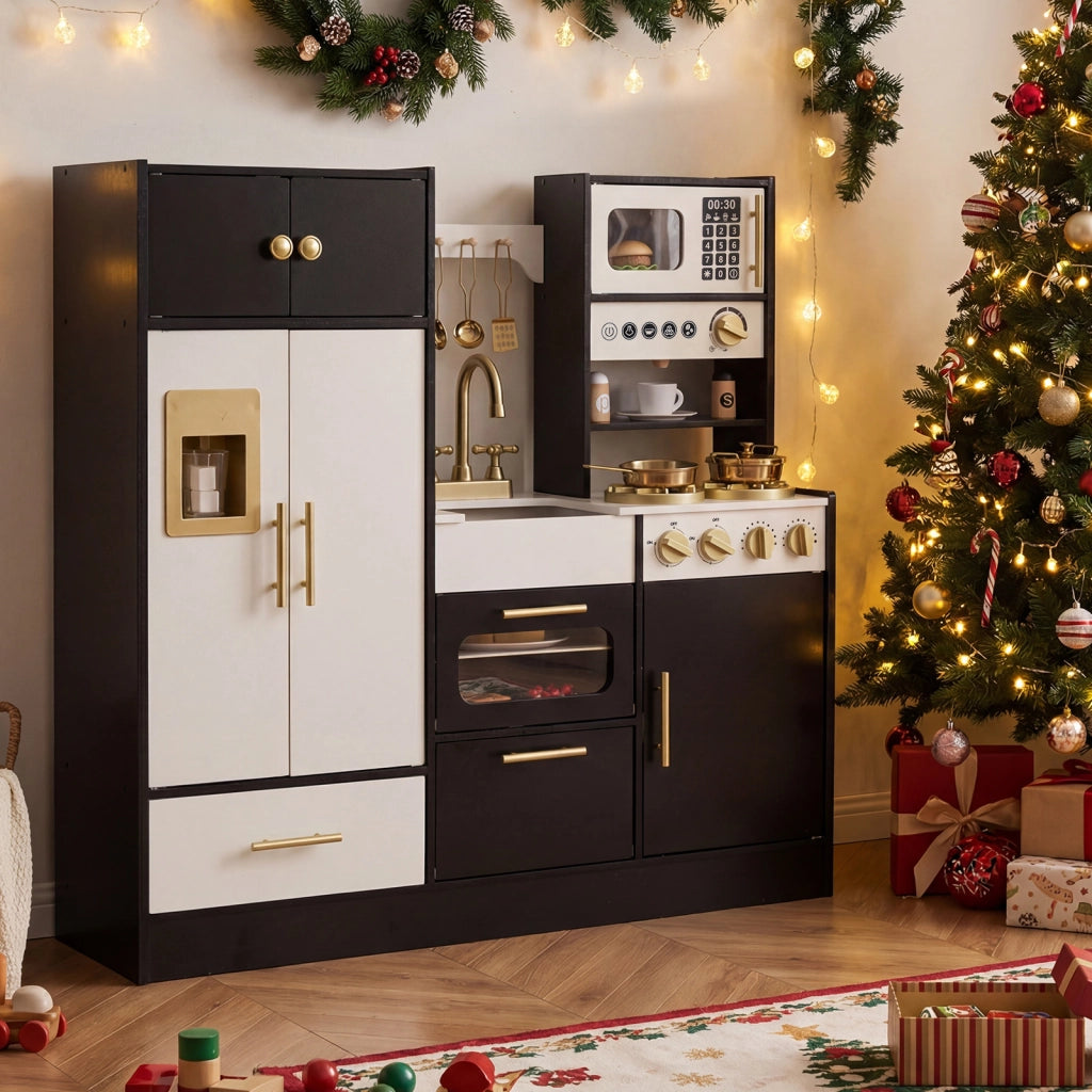 Cucina bambini in legno cucina giocattolo con effetti sonori e luci, Cucina giocattolo set da gioco di chef per bambini Nero