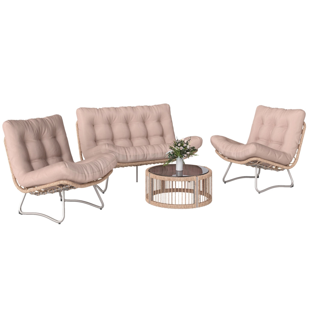 Set Lounge 4 Pezzi Polyrattan ¨C Zephmum ¨C Grigio, Cuscini Spessi, Tavolo Vetro