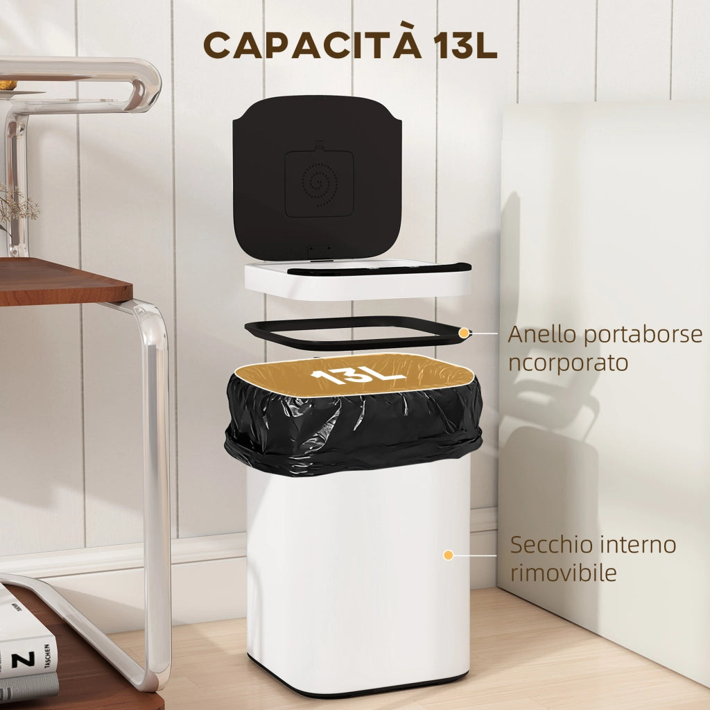 Pattumiera da 13L con Sensore e Spazio per Deodoranti 24x24x41 cm in Acciaio e PP Bianco e Nero