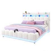 Letto Contenitore Matrimoniale 180x200 cm; Letto con USB; LED e Presa; in Tessuto e Metallo; Bianco