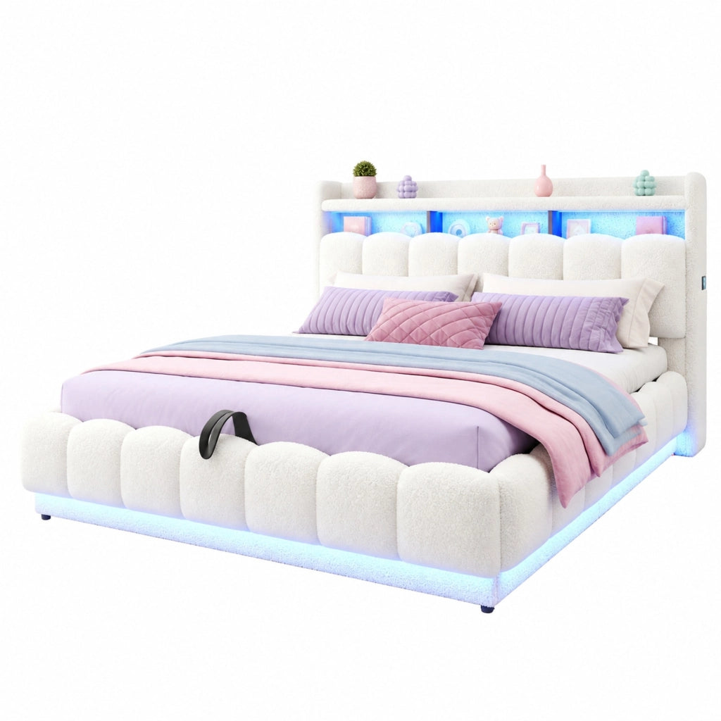 Letto Contenitore Matrimoniale 180x200 cm; Letto con USB; LED e Presa; in Tessuto e Metallo; Bianco