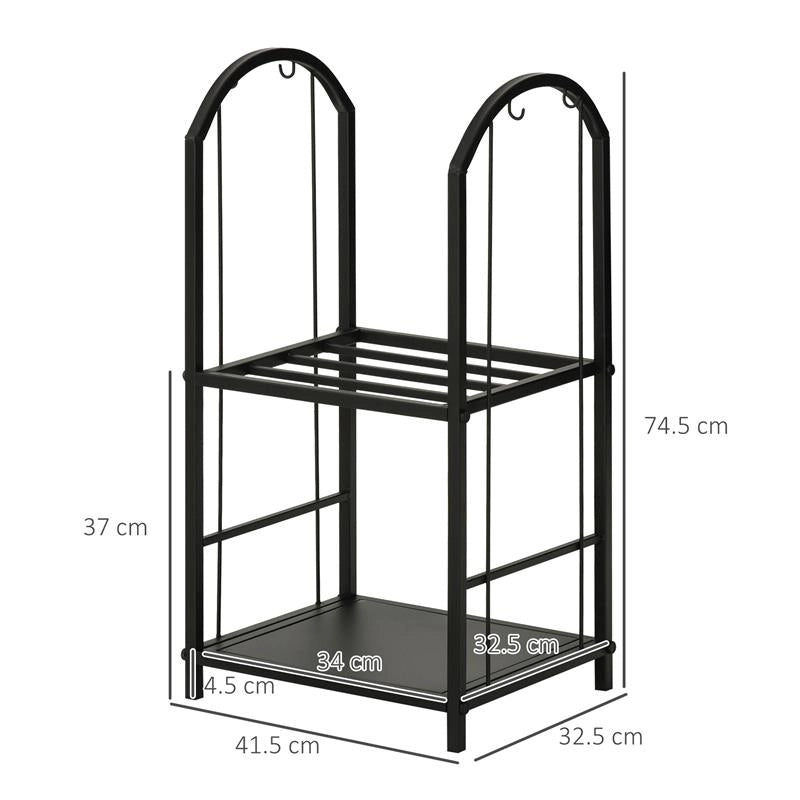 PORTALEGNA A 2 RIPIANI IN METALLO CON PALETTA, SCOPA, ATTIZZATOIO E PINZA, 41.5X32.5X74.5 CM, NERO