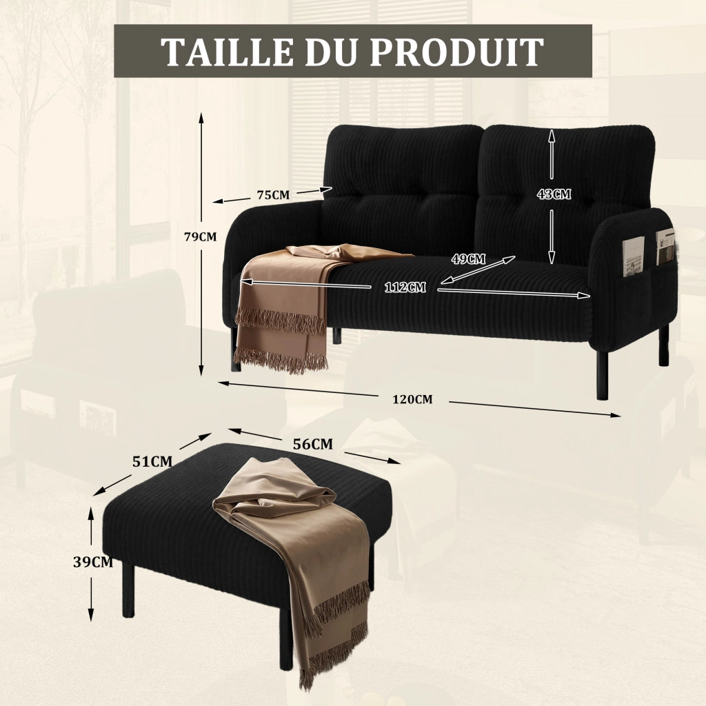 Divano 2 Posti con Schienale Ergonomico e Tasca Laterale, in Velluto a Coste Nero 120 × 75 × 79 cm