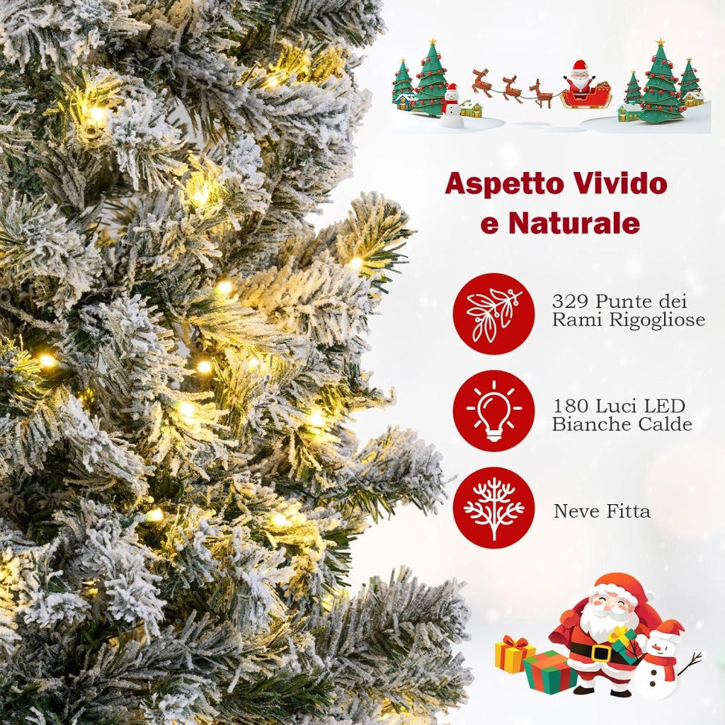 Albero di Natale Slim 150cm, Albero di Natale Innevato con 180 Luci LED, 8 Modalità, 329 Rami in PVC e Base in Metallo Pieghevole, Decorazione Natalizia per Casa e Ufficio (150 cm)