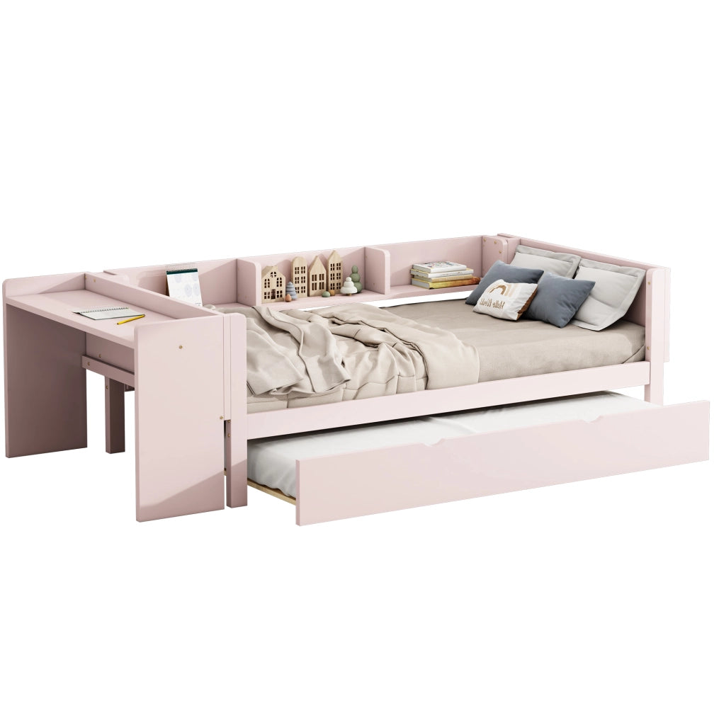 Letto per bambini 90x200 cm con letto estraibile; scrivania e ripiani; legno e MDF; rosa