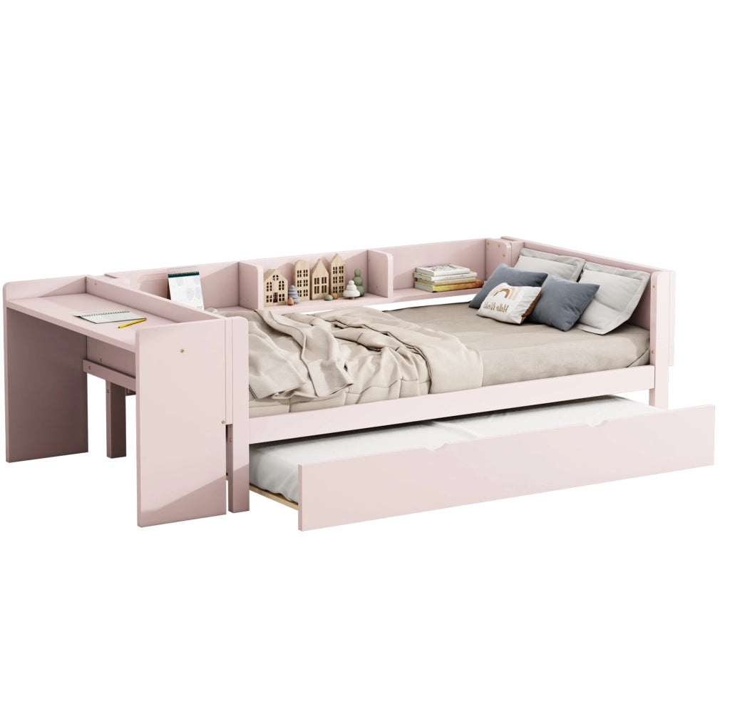 Letto per bambini 90x200 cm con letto estraibile; scrivania e ripiani; legno e MDF; rosa