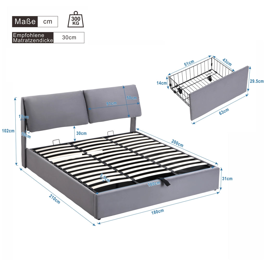 Letto matrimoniale 180x200 cm con contenitore idraulico e 3 cassetti; in velluto grigio