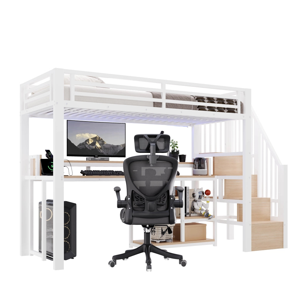 Letto a soppalco in metallo 90x200 cm, letto alto per bambini e ragazzi con scala contenitore, prese USB/Type-C, ripiano e illuminazione LED, bianco