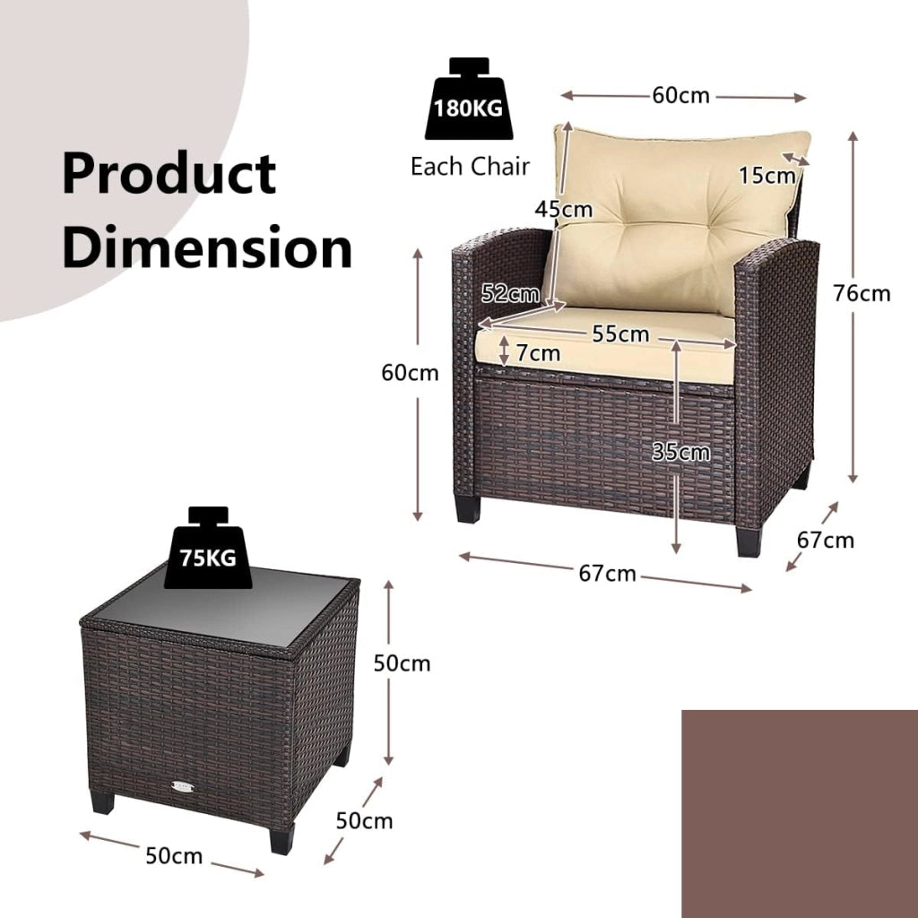 Set di Mobili da Giardino, in Rattan, 3 Pezzi Mobiletti, 1 Tavolino + 2 Poltrone, Salottino da Esterno, con Cuscini per Balcone, Giardino, Cortile, Terrazza, 3 Colori (Marrone)