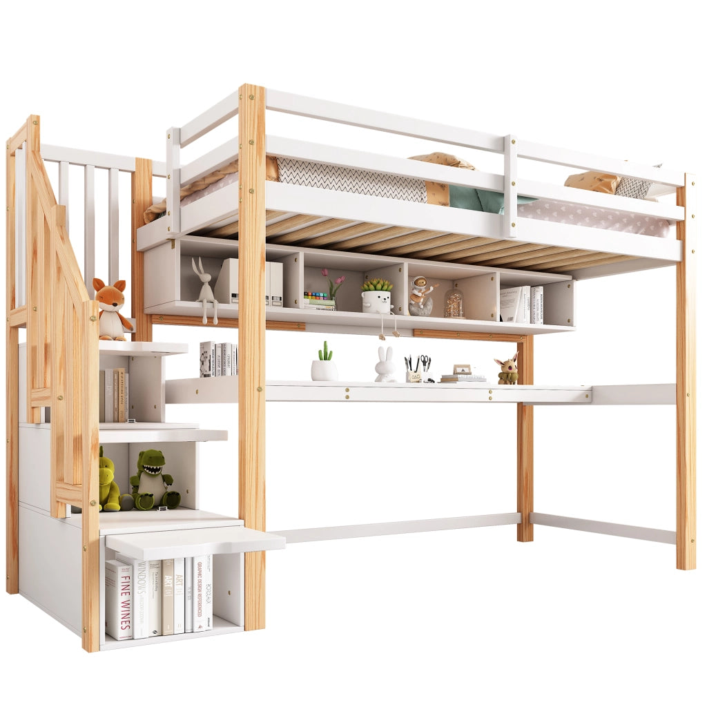 Letto a castello bianco e rovere con scrivania integrata e scaffali in legno massello 105x200 cm