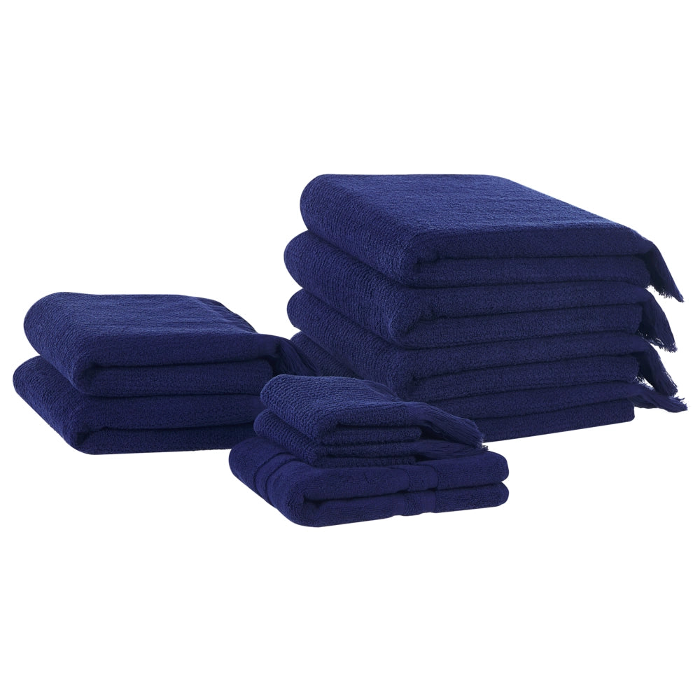 Set di 9 asciugamani bagno in spugna di cotone blu marino con nappe decorative
