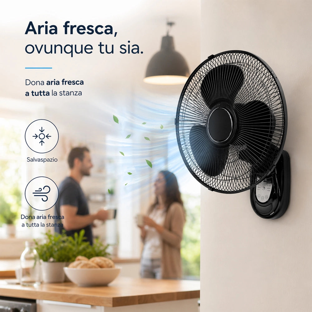 Ventilatore da Parete Nero 40cm con Telecomando Installazione a Muro Silenzioso