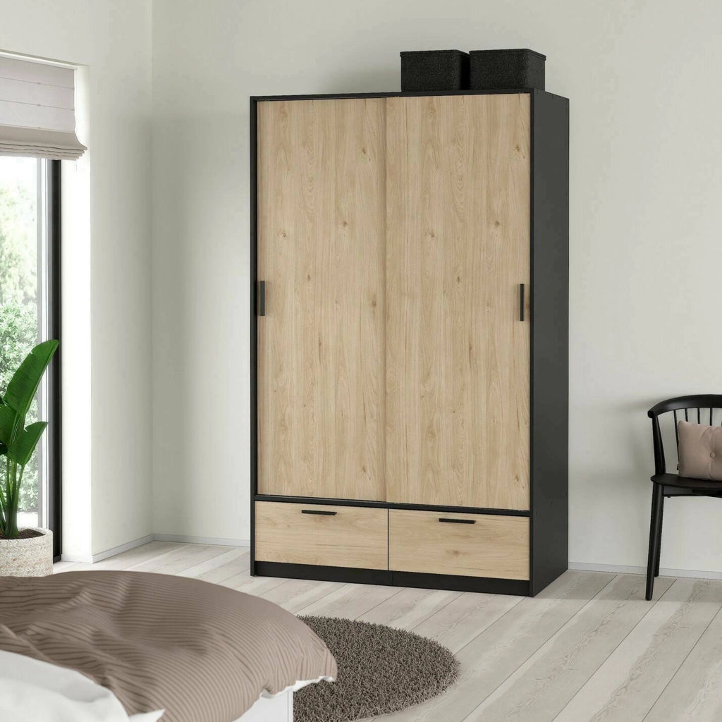 Guardaroba 2 ante Kammuri, Mobile camera da letto, Cabina armadio portabiti, Armadio appendiabiti, 121x60 h200 cm, Nero e Rovere