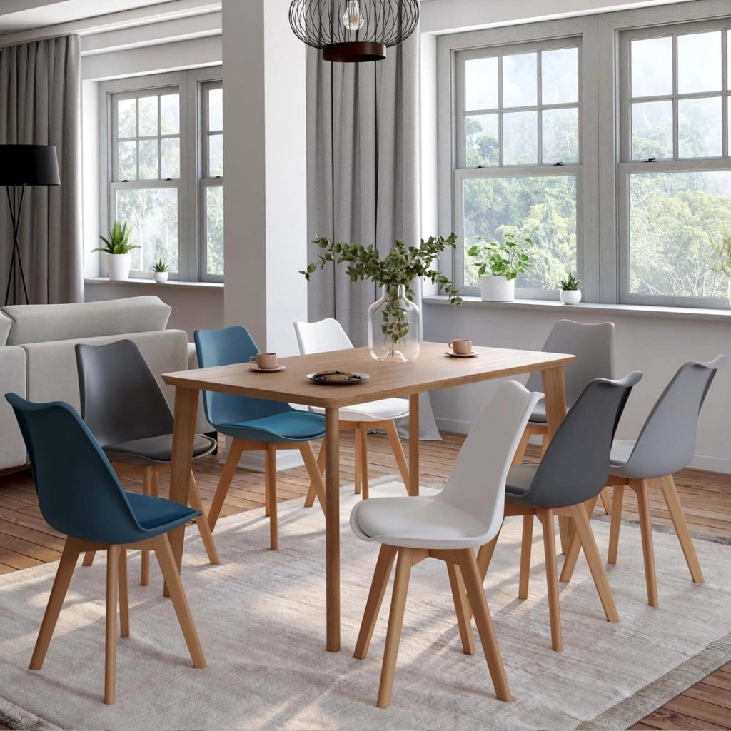 Set di 8 sedie scandinave SARA colore misto bianco x2, grigio chiaro x2, grigio scuro x2, blu anatra x2