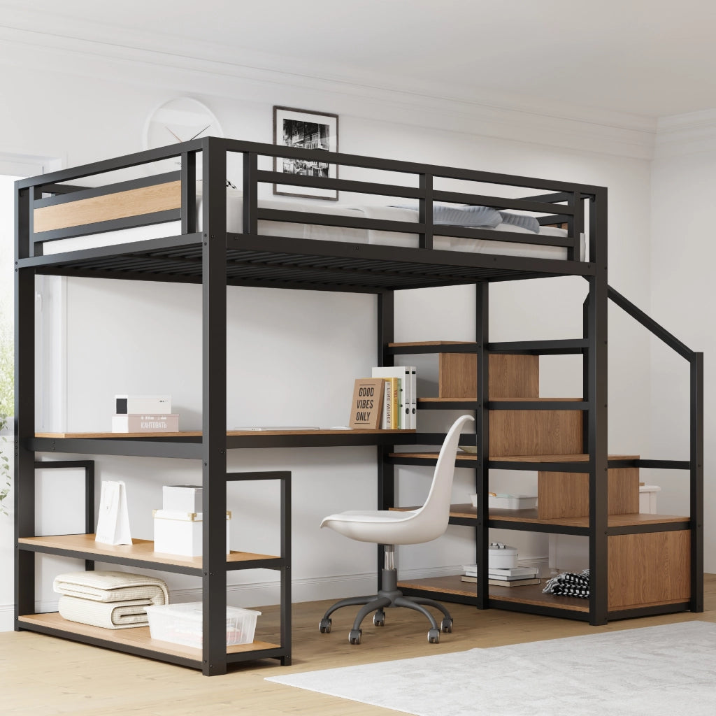 Letto a castello metallico nero con funzione contenitiva e tavolo dimensioni 140x200 cm