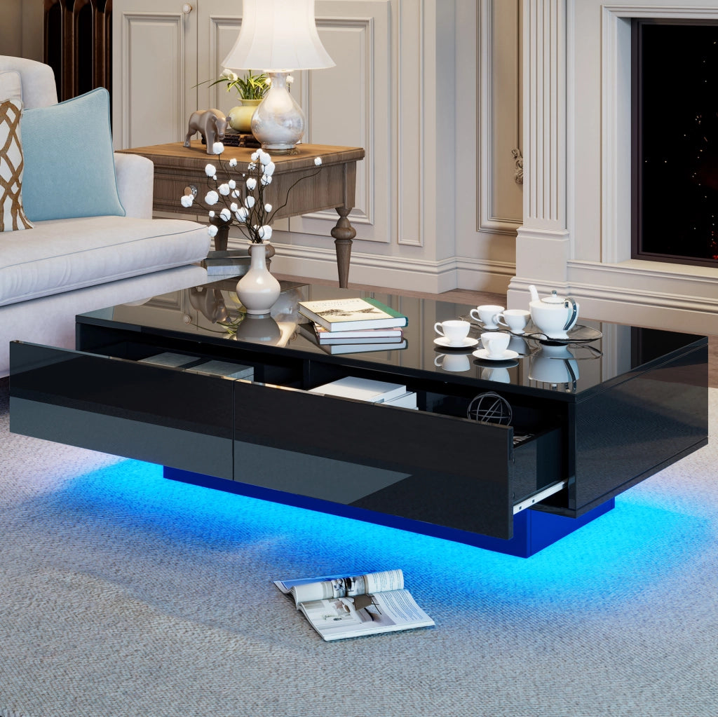 Tavolino da salotto 115x55x34 cm; luci LED e 2 cassetti; truciolare; nero