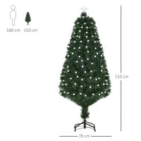 Albero di Natale Artificiale 150cm con 170 Luci LED e Fibre Ottiche, Albero di Natale con Luci Incorporate e 170 Rami e Base in Metallo Pieghevole, Verde