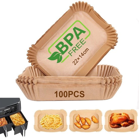 Papier per Airfryer con camera doppia, 100 pezzi 22x14cm, BPA libero, carta per Airfryer rettangolare, rivestimento antiscivolo, carta per Airfryer da gettare, impermeabile, carta per Airfryer resistente all'olio, accessori per Airfryer