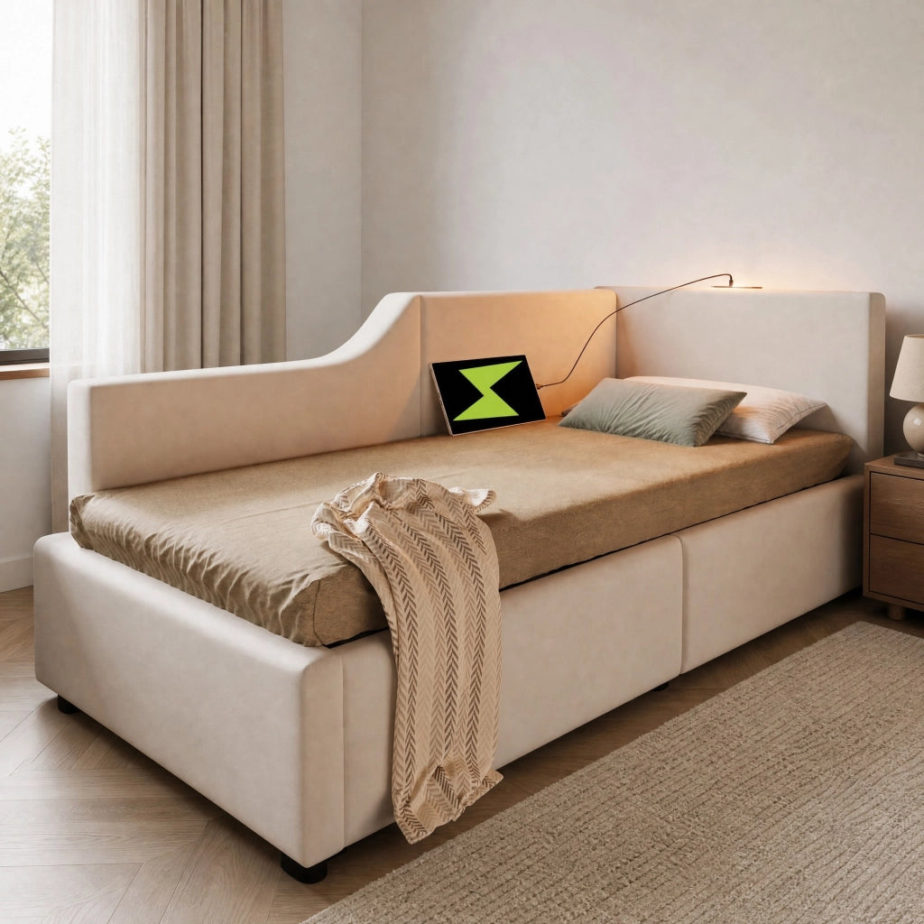 LETTO DA GIORNO Contenitore 90x190 cm in Velluto Beige con lampada da lettura e USB-C