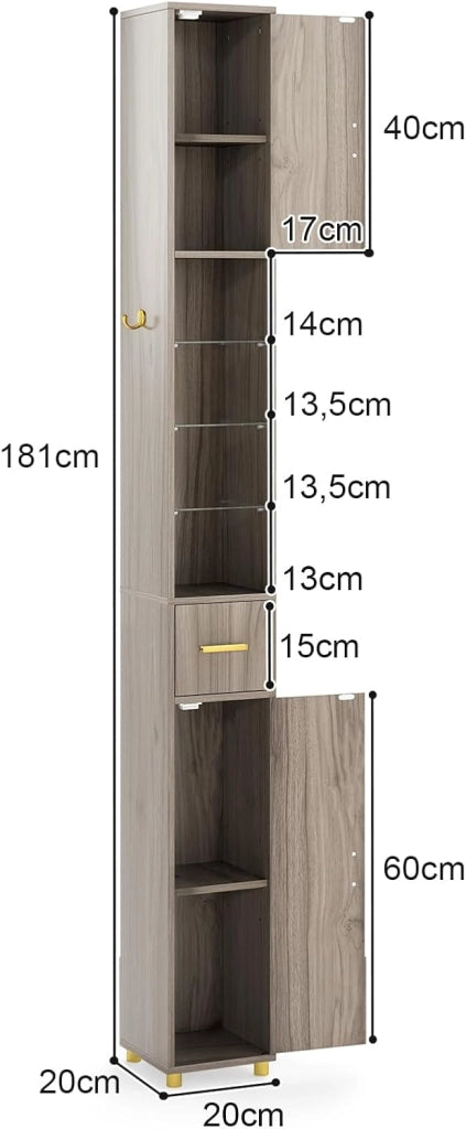 Colonna Bagno Alta, Ripiano in Vetro Temperato, Luce a 3 Colori, Piccolo Mobile di Stoccaggio Bagno, 2 Ante, 1 Cassetto, per Soggiorno, Ufficio, 20 x 20 x 181 cm(4Ripiano-2, Grigio)