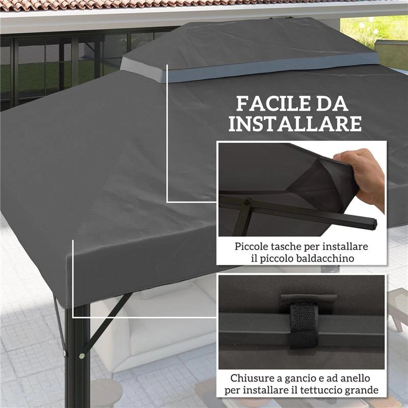 COPERTURA PER GAZEBO DA GIARDINO 3X4 M A 2 LIVELLI IN TESSUTO OXFORD 600D CON FORI DI DRENAGGIO, GRIGIO SCURO