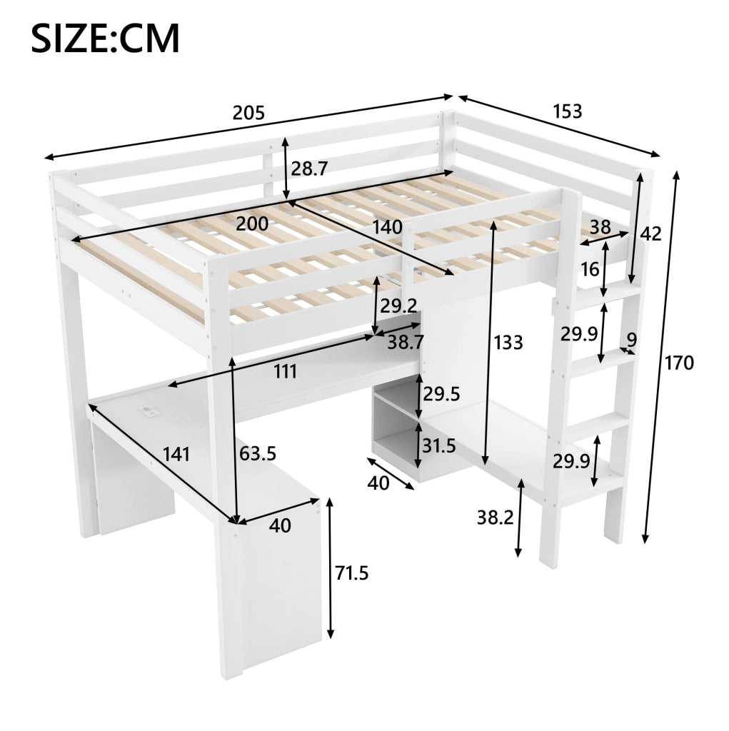 Letto a soppalco 140×200 cm bianco con scrivania, ripiani, LED e ricarica