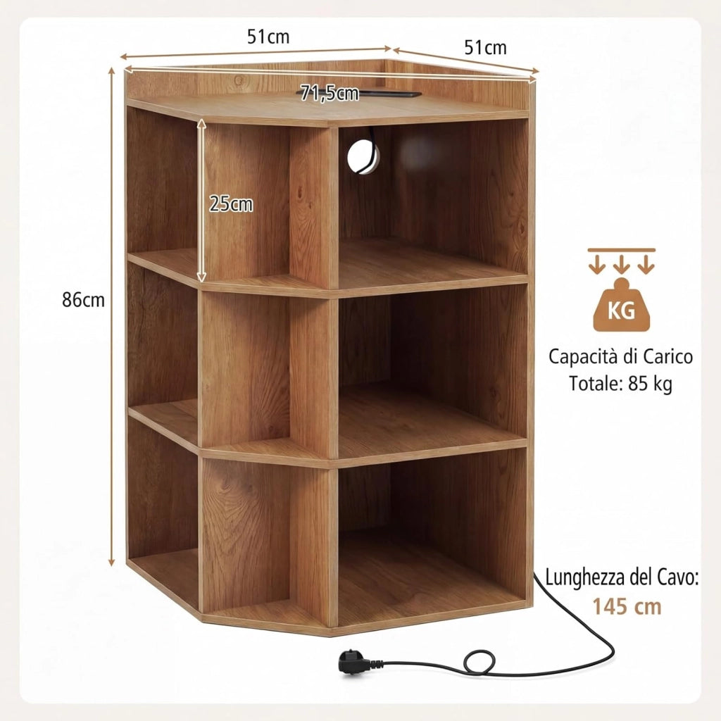 Mobile ad Angolo a 3 Livelli in Legno, Libreria Angolare Aperta con Stazione di Ricarica 9 Cubi 2 Porte USB e 4 Prese, Adatto per Spazi Ridotti, 51x71,5x86 cm (Naturale)