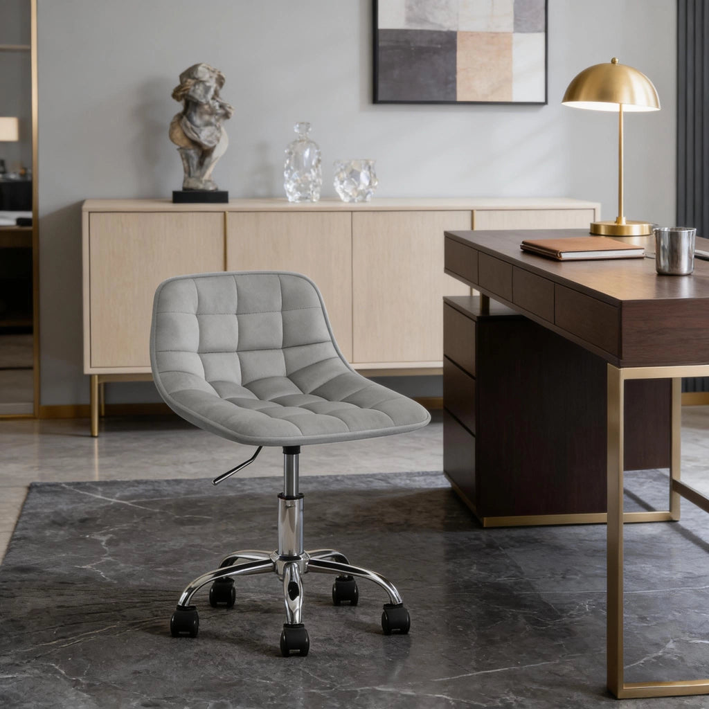 Sedia da ufficio girevole con altezza regolabile e ruote, in velluto con schienale ergonomico, grigio chiaro