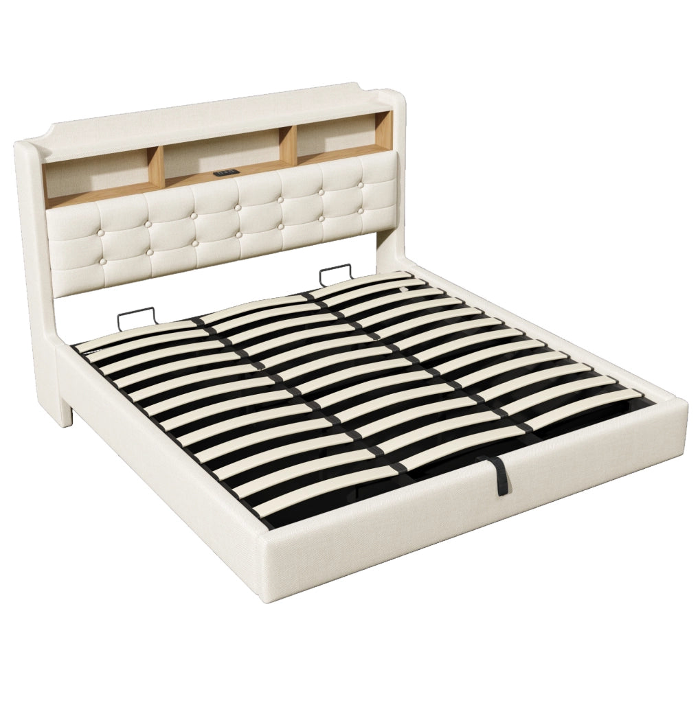 Letto imbottito 180x200 cm con illuminazione LED; spazio contenitore idraulico; in lino e MDF; beige