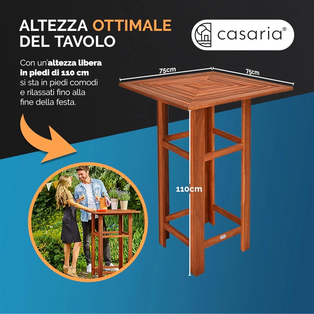 Casaria® Tavolo in Legno Acacia 75x75x110cm Quadrato Solido Rustico Bistro da Interno Esterno Feste Giardino Outdoor