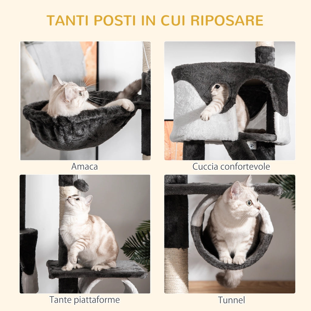 EasyComfort Tiragraffi per Gatti a Soffitto con Altezza Regolabile 240-260 cm, Albero Tiragraffi per Gatti Multilivello con Cucce, Amache e Scale, Corde in Sisal, Grigio Scuro e Bianco