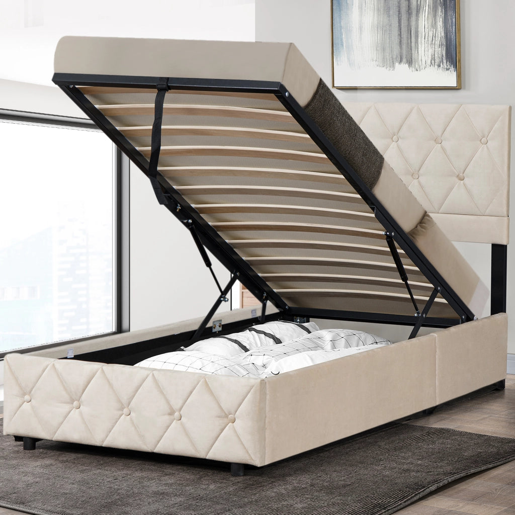 Letto singolo imbottito beige in velluto, struttura MDF ferro, supporto centrale