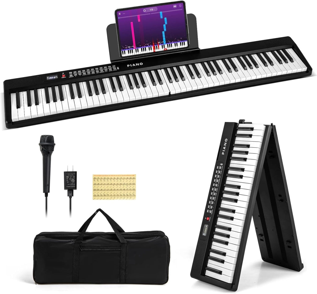 Pianoforte Elettronico Pieghevole a 88 Tasti, Piano Digitale con MIDI, 1000 Ritmi, 1000 Timbri, 150 Canzoni Demo, Registrazione, Batteria e Borsa da Trasporto per Bambini (Nero)