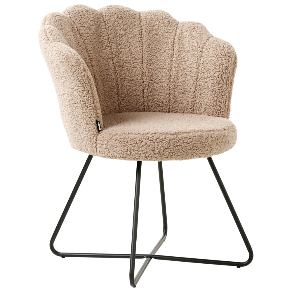 Poltrona senza braccioli con seduta rotonda in tessuto in bouclé beige e struttura in metallo soggiorno camera da letto