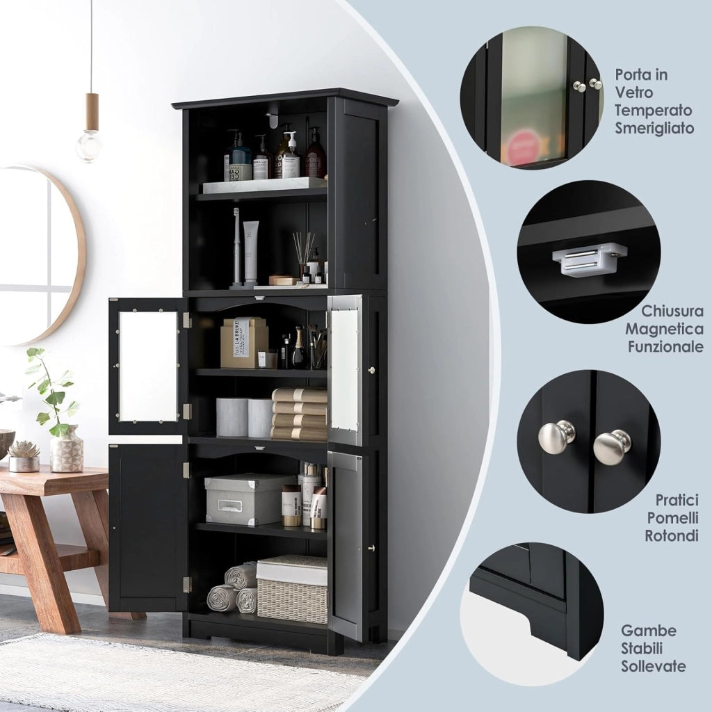 Armadio da Bagno, Mobiletto Alto da Terra con 2 Armadietti e Ripiani Regolabili, con Ante in Vetro, Mobile Portaoggetti Multiusi per Bagno e Soggiorno, 60x30x163 cm (Nero)