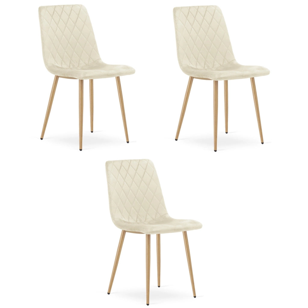 Set di 3 sedie Turin in velluto beige chiaro e gambe effetto legno