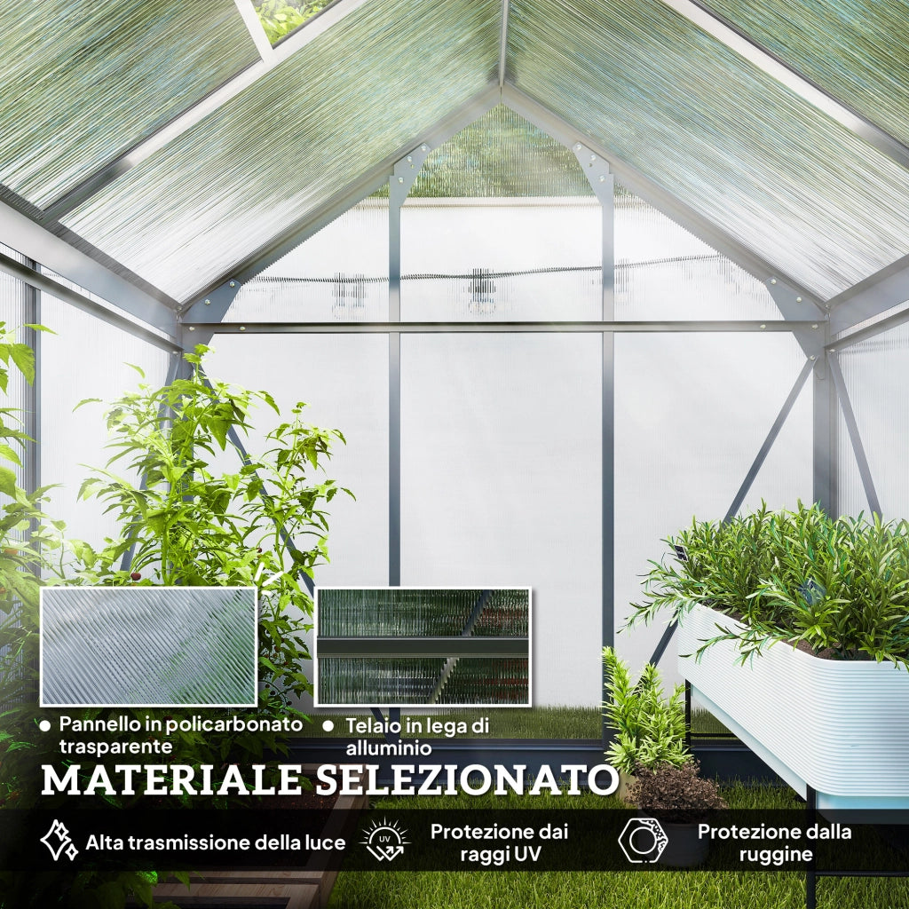 Serra da Giardino 190x132x201 cm con Porta Scorrevole e Finestra in Policarbonato e Alluminio Grigio
