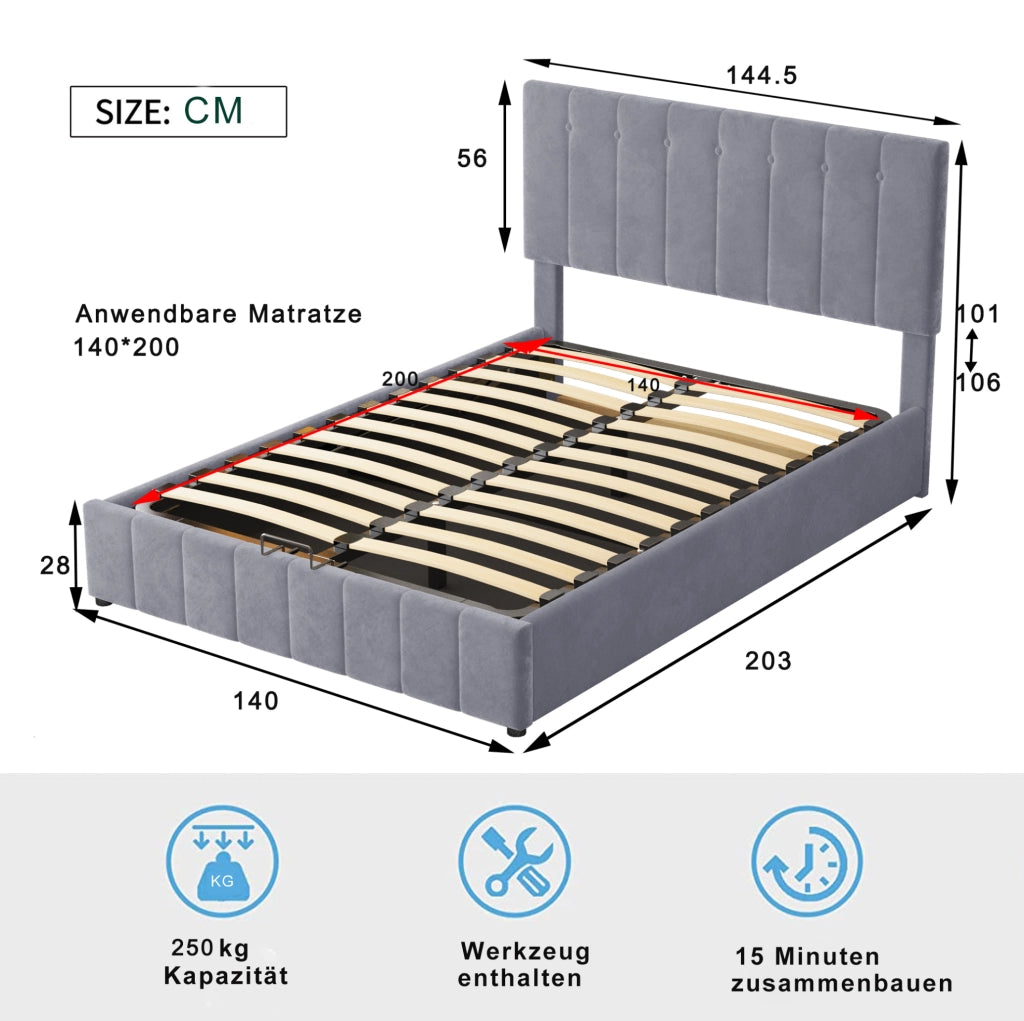 Letto imbottito grigio con contenitore idraulico 203x140 cm