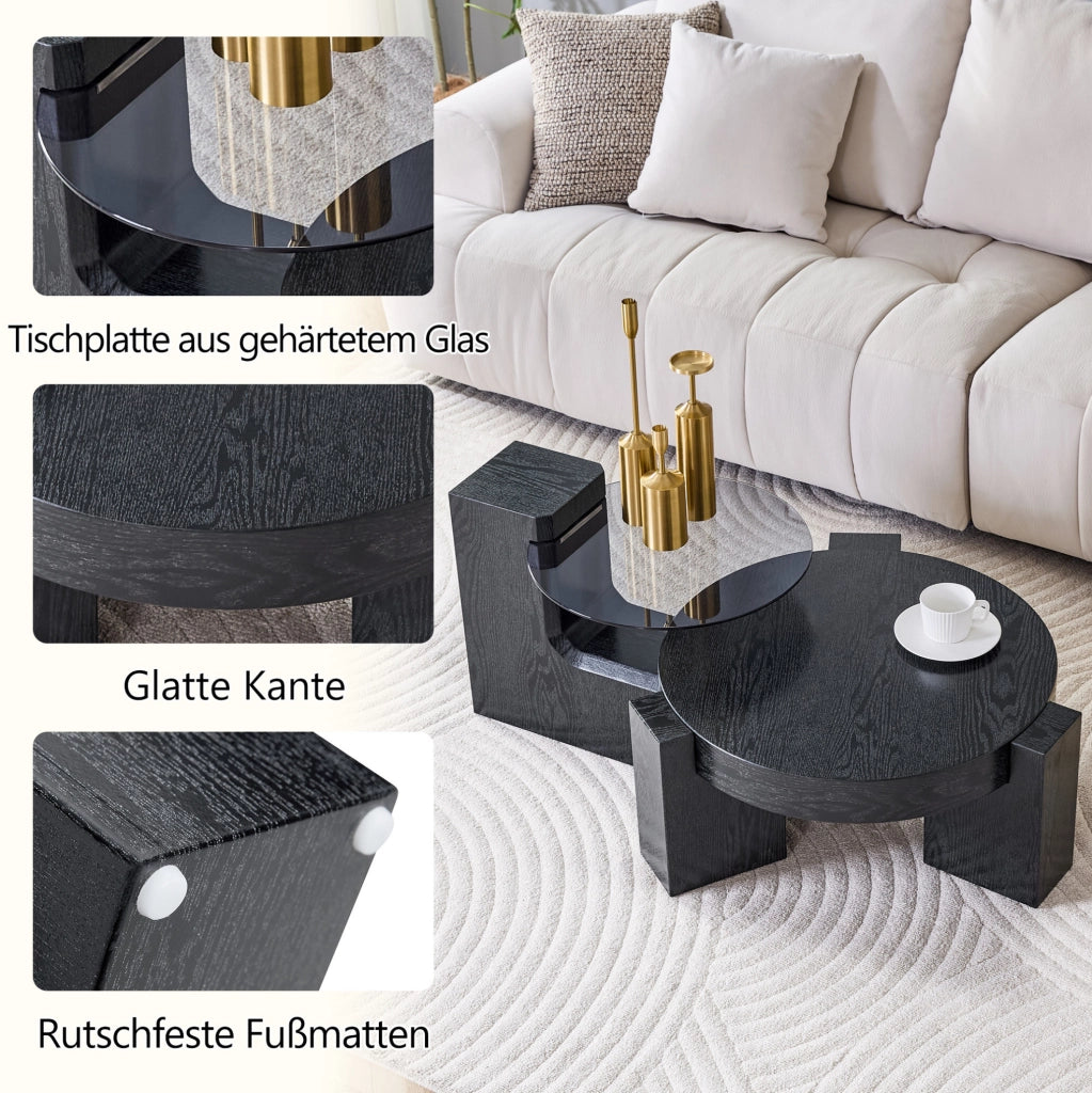 Set di 2 tavolini da caffè rotondi in MDF nero e vetro grigio
