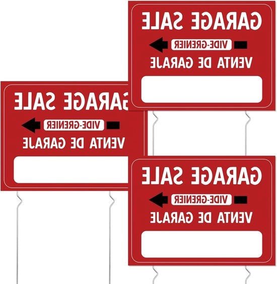 Set di 3 Cartelli di Vendita per Garage - 40x30cm - Impermeabile e Doppio Faccia - Maniglie in Metallo - Evento di Vendita - Tre Lingue