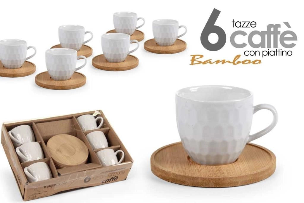Set 6 Tazzine Tazze da Caffè con Piattino in Bamboo